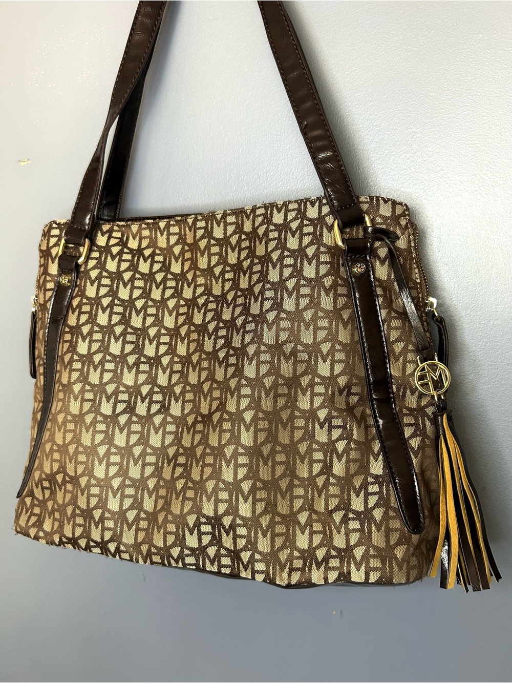 Marc Fisher MF Signature Logo Bag Brown Cloth Vegan Leather Shoulder Tote Purse